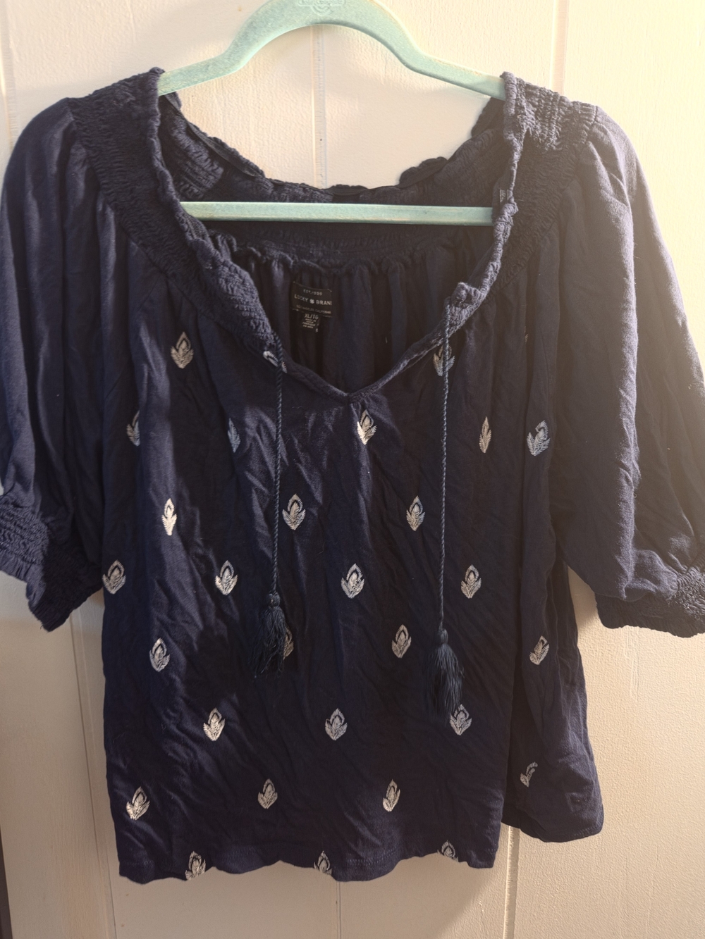 Lucky Brand Navy Blue Embroidered Peasant Blouse with Tassels